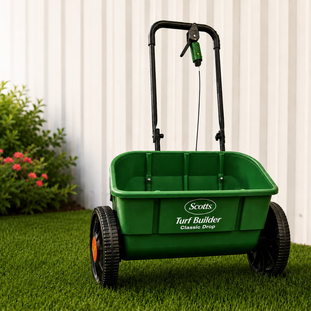 Green lawn spreader on grass with a white fence and plants in the background